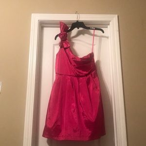 Hot pink dress with bow and flower on Rt shoulder